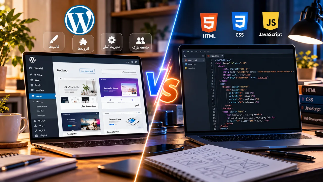 مقایسه محیط وردپرس و کدنویسی HTML CSS JavaScript برای طراحی سایت